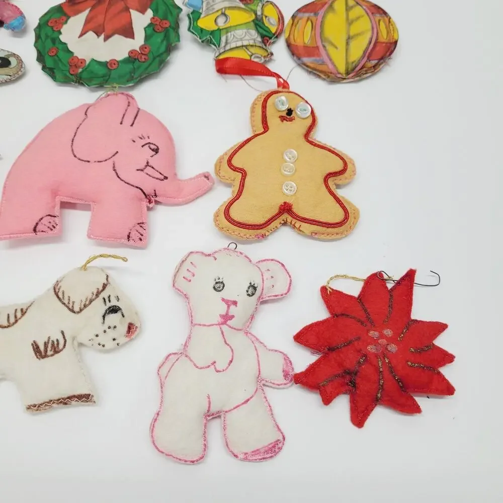 Handmade Sewn Painted Christmas Stitched Stuffed Fabric Ornaments Vtg Lot of 15